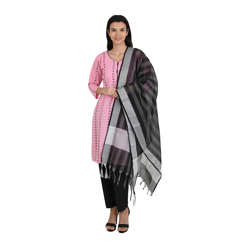 Female model in pink kurta with grey checkered dupatta and black pants - ethnic wear ecommerce photography by Lohar Studio Delhi